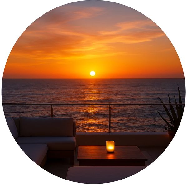 Scenic sunset over ocean from rooftop lounge with sofa & candlelit table, a tranquil chill setting.