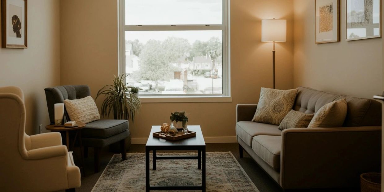 Cozy living room with neutral tones and natural light from a large window.
