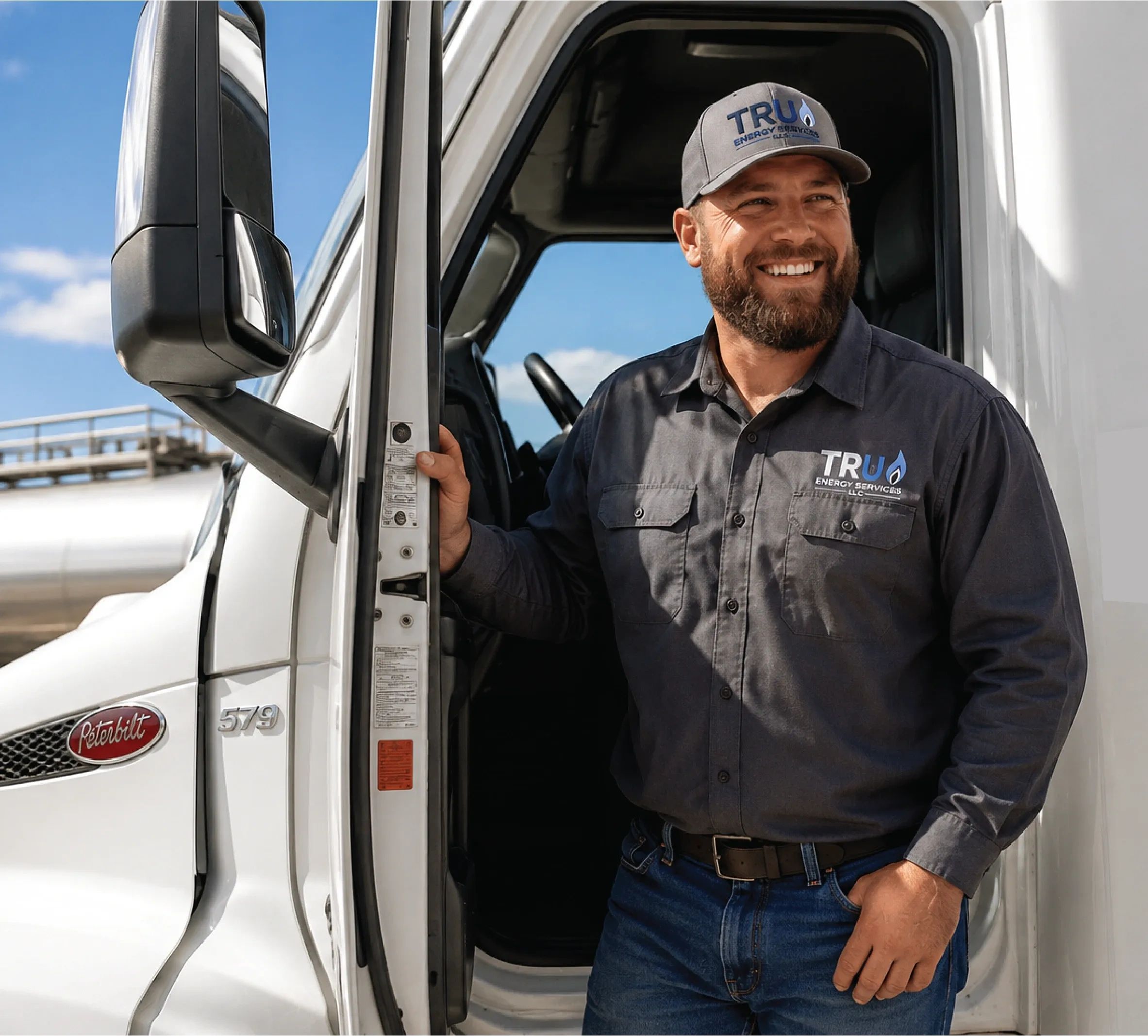 Smiling truck driver in uniform standing by truck door.