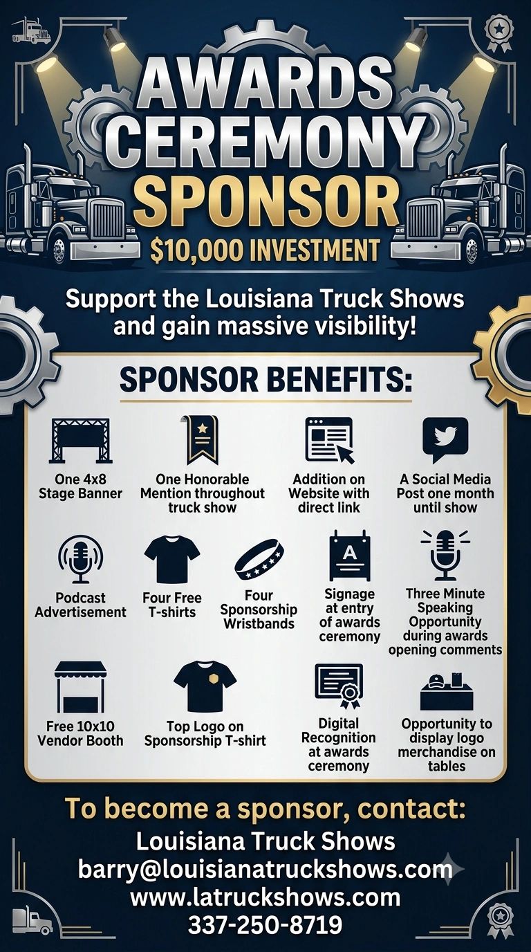 Awards ceremony sponsorship opportunity for Louisiana Truck Shows with $10,000 investment and multiple benefits.