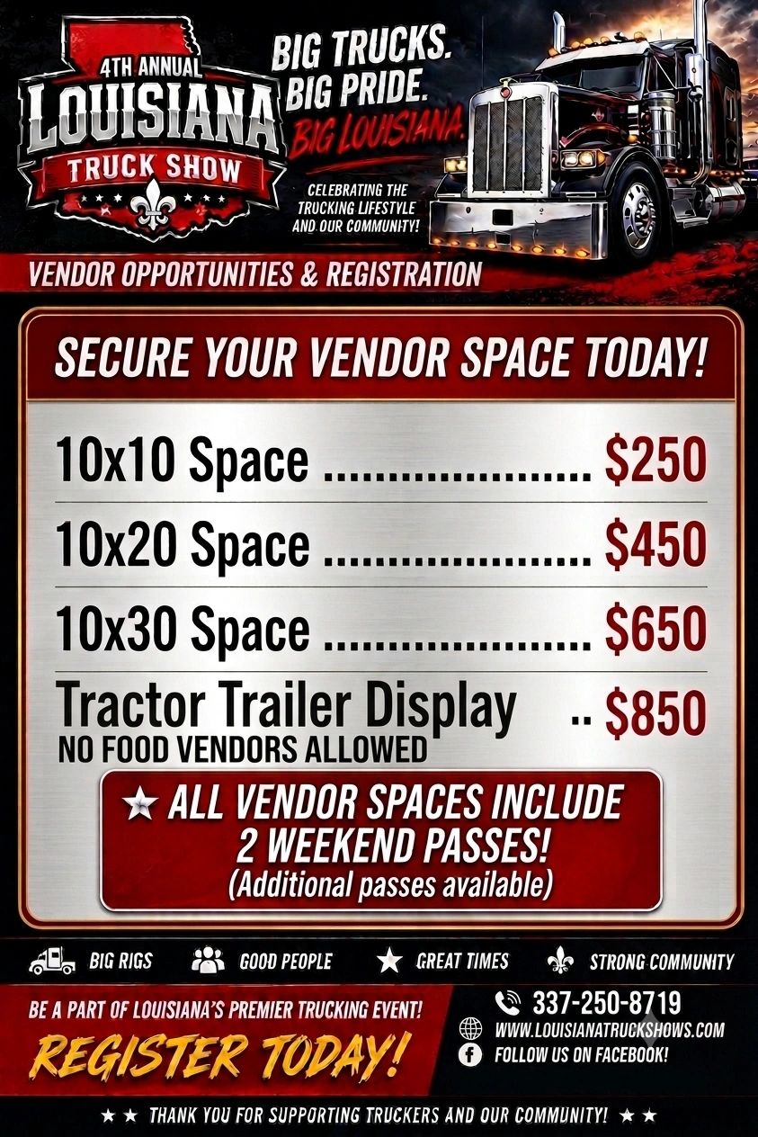 4th Annual Louisiana Truck Show vendor registration with pricing details.