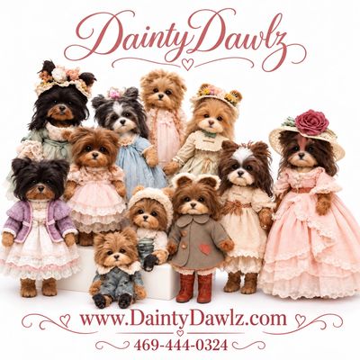 Collection of adorable, dressed-up dog plushies called Dainty Dawlz.