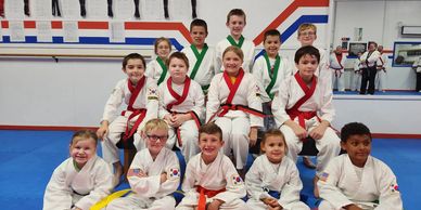 Focused, Energetic Kids practicing martial arts in class, 
