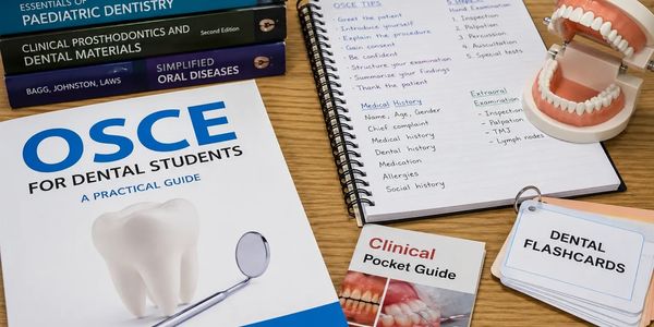 Dental study materials with notes and a tooth model.