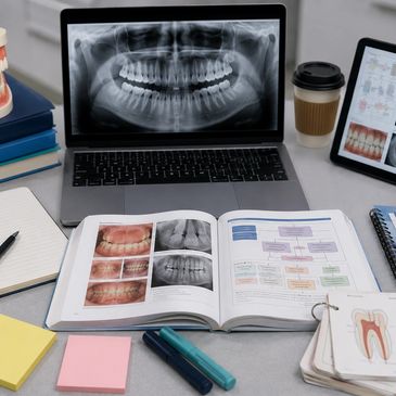 Dental study setup with X-rays and dental charts.