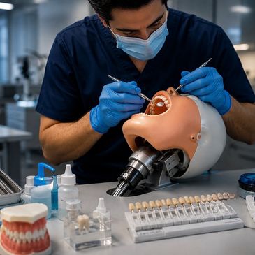 Dentist practicing on a dental mannequin in a clinic.