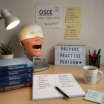 Dental study setup with a mannequin, books, and notes.