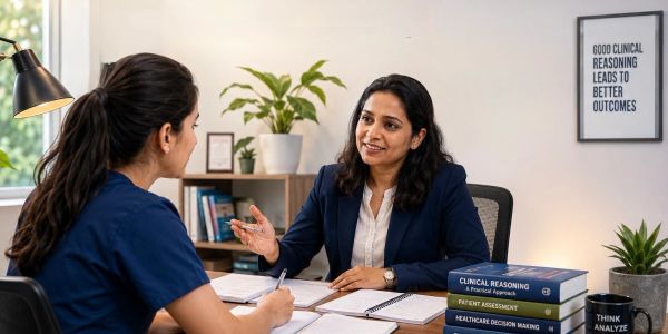 Two women discussing clinical reasoning in an office.