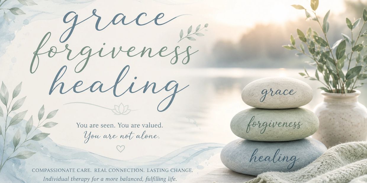Stones with words grace, forgiveness, healing beside a calming lake scene.