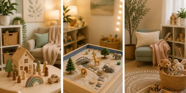 Cozy, warm-toned children's playroom with wooden toys and soft decor.