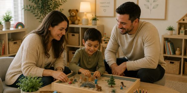 A happy family playing with a wooden sandbox toy together.
