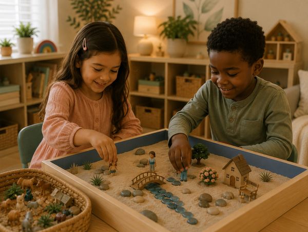 Two children happily playing with a miniature sandbox set indoors.