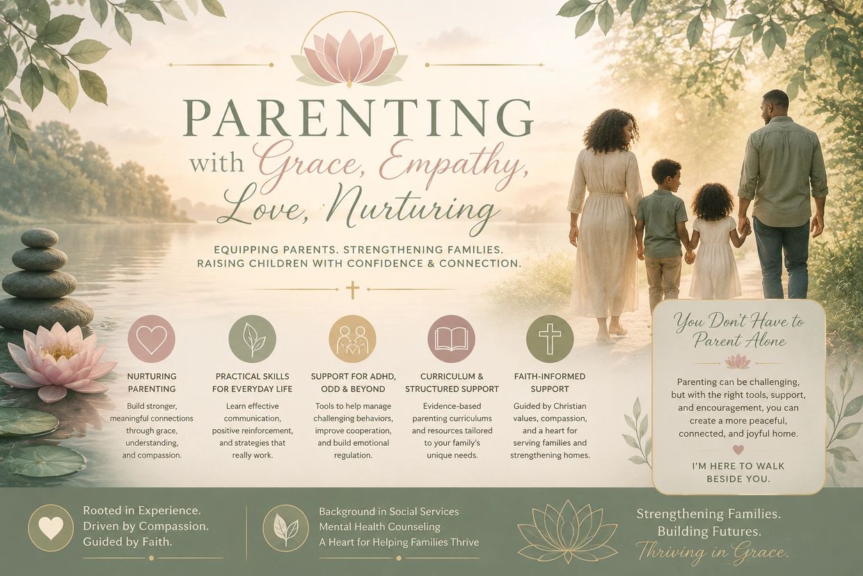 Peaceful family walking by the lake promoting nurturing and faith-based parenting support.