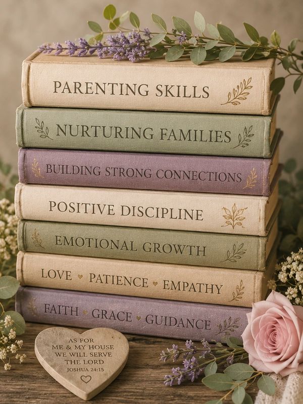 Stack of books on family values and parenting with flowers and a heart-shaped plaque.