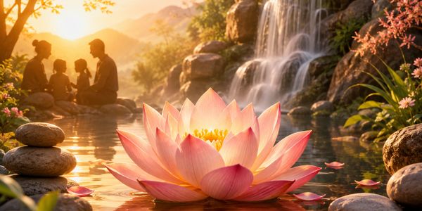 A glowing lotus flower with a family silhouette by a waterfall at sunset.