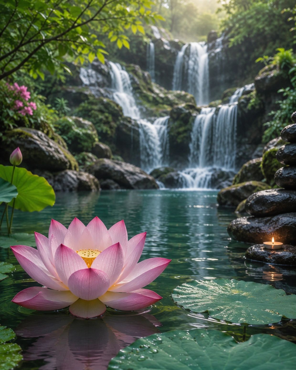 Pink lotus flower in a serene pond with a cascading waterfall in the background.
