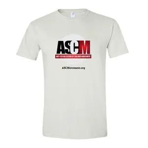 a white tshirt with the ASCM logo on front. The logo is AS black font, C in white font, and M in red