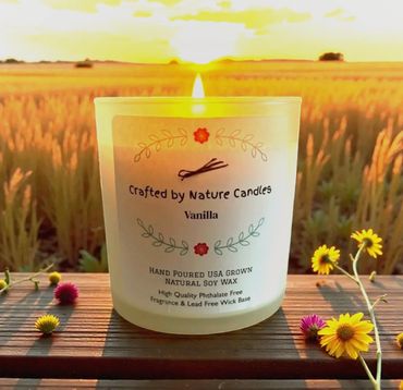 Our luxury vanilla scented natural USA grown hand poured soy wax candle in an 8.5 oz frosted tumbler