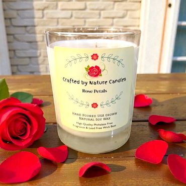 Our wonderfully smelling Rose Petal soy candle in the 9.5 oz heavy base glass tumbler.