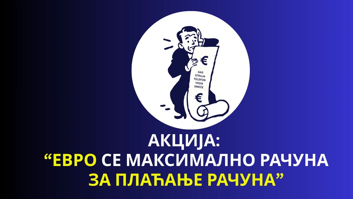 karikatura čoveka koji gleda začudjeno u racune za gas, struju. smece i telefon. I ispod piše: akcij