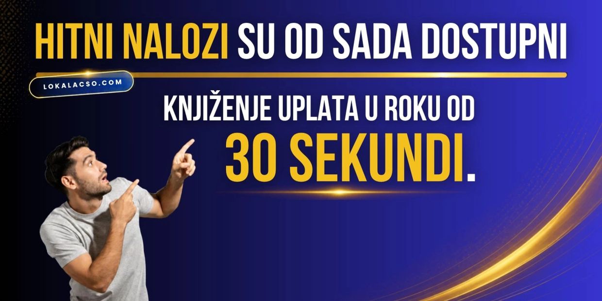 Natpis: IPS hitni nalozi su od sada dostupni. Knjiženje u roku od 30 sekundi. Slika: decko pokazuje 