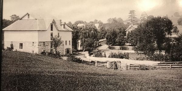 A vintage rural scene with old houses and lush greenery.