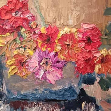 Impasto painting of vibrant flowers in a vase with thick, textured brushstrokes.