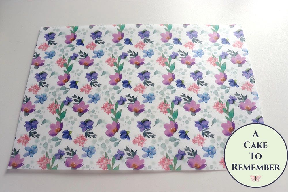 Purple flowers printed wafer paper sheets for cake decorating