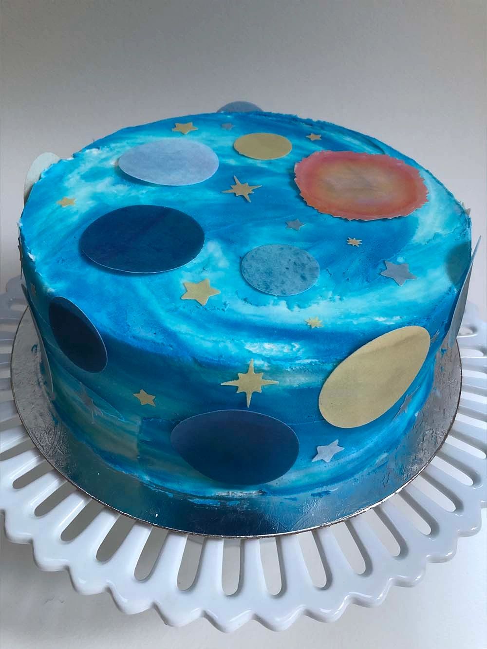 Dark blue and gold planets wafer paper outer space party cake decorations