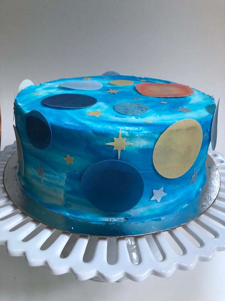 Dark blue and gold planets wafer paper outer space party cake