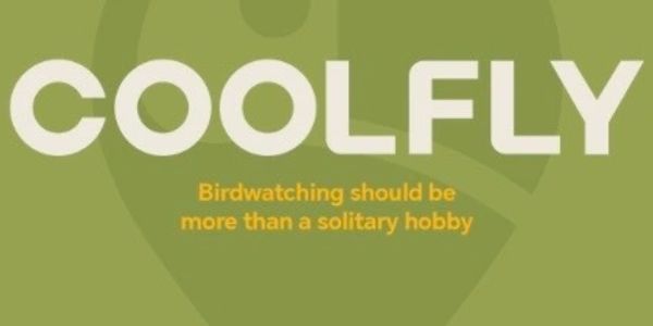 COOLFLY birdwatching slogan with green background.