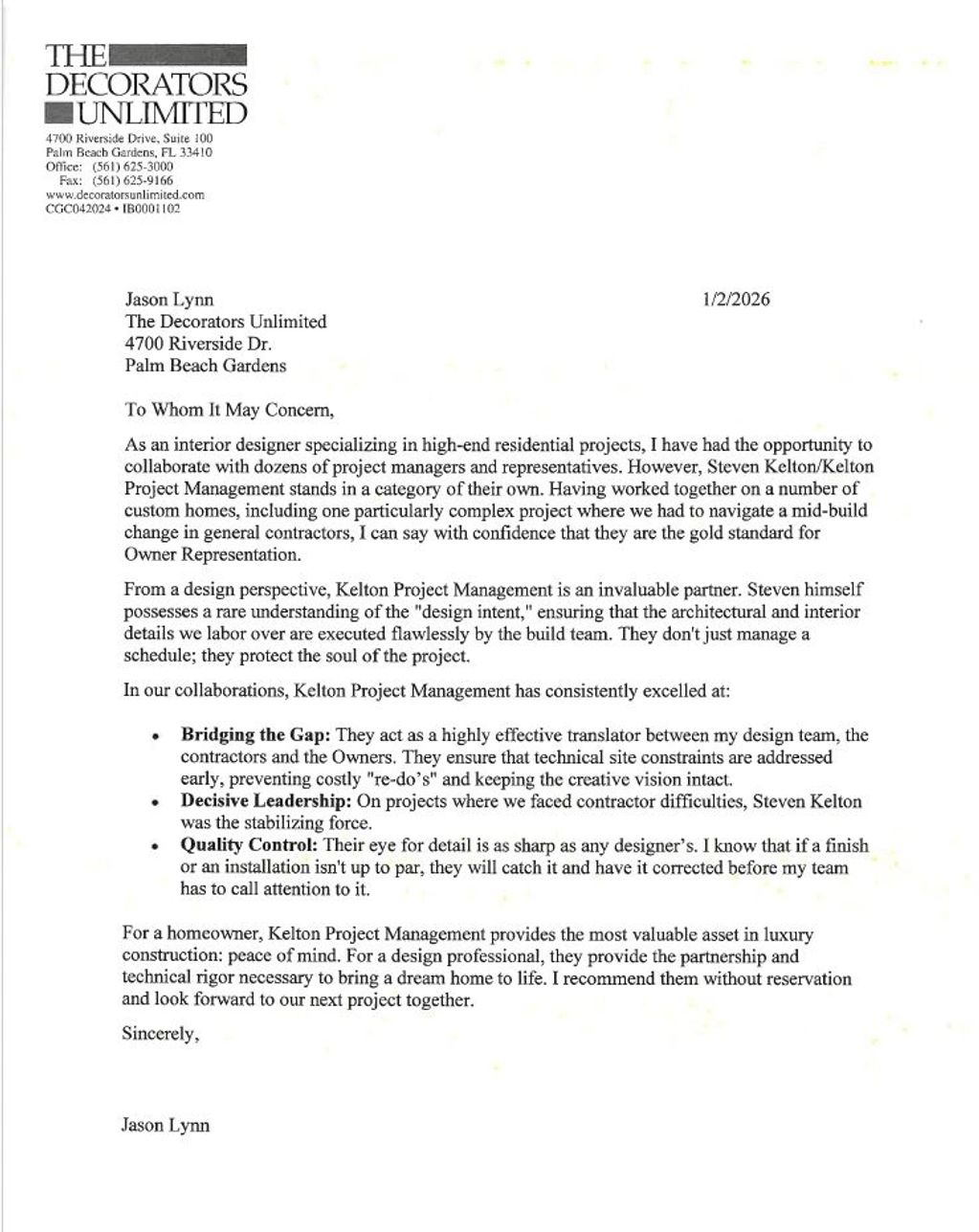 Letter of recommendation praising Kelton Project Management for expertise and partnership in luxury home projects.