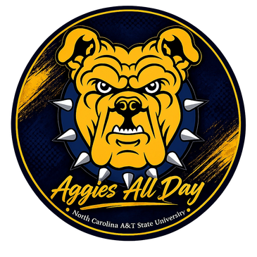 Aggies All Day logo with a fierce bulldog and North Carolina A&amp;T State University text.