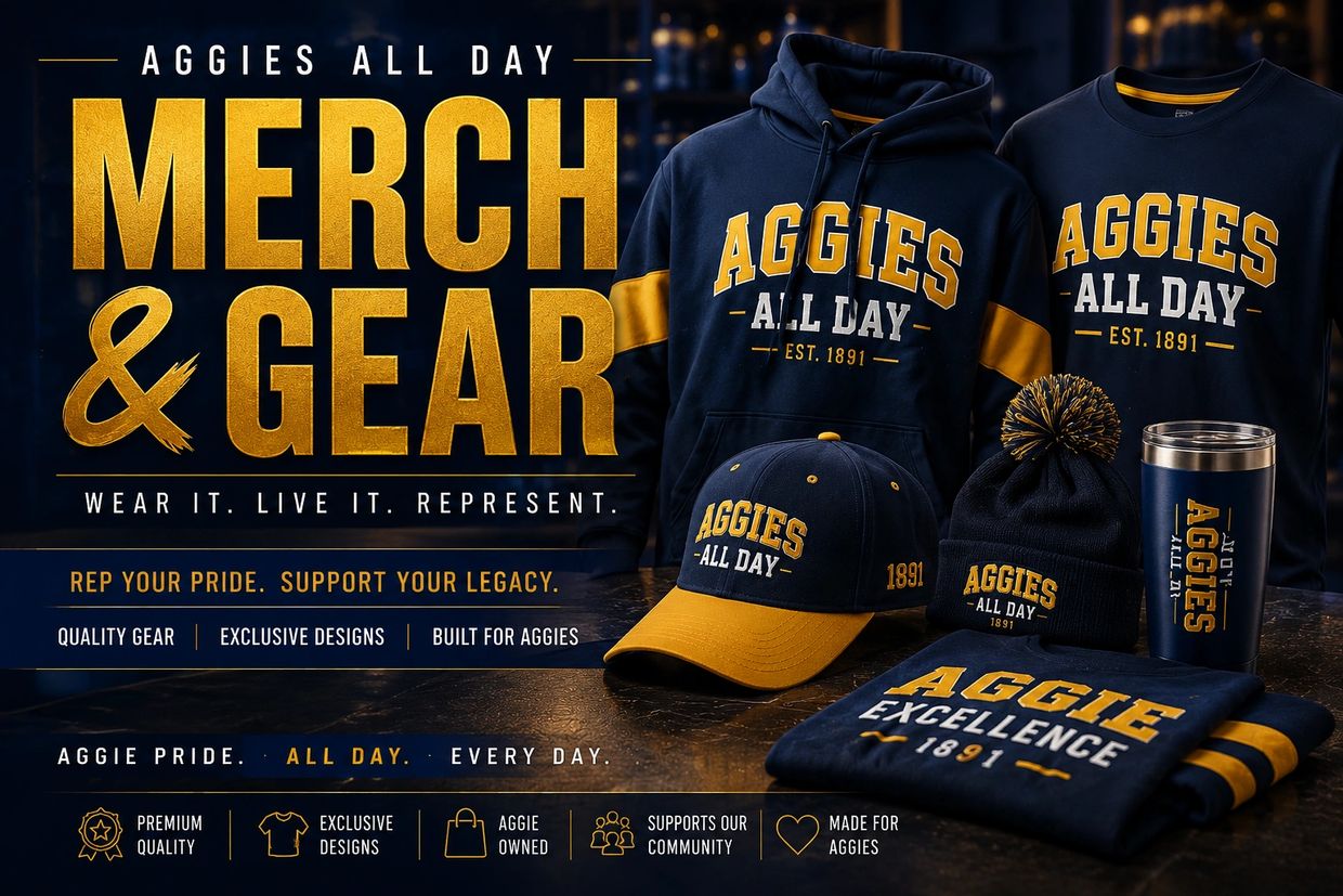 Aggies All Day merch featuring hoodies, caps, beanies, tees, and tumblers in navy and gold.