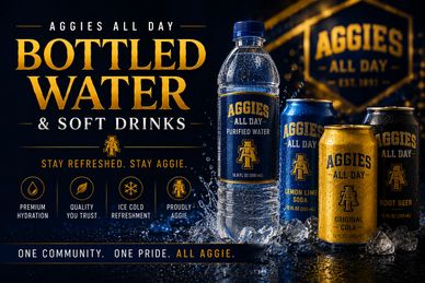 Aggies All Day bottled water and soft drinks with ice and pride.