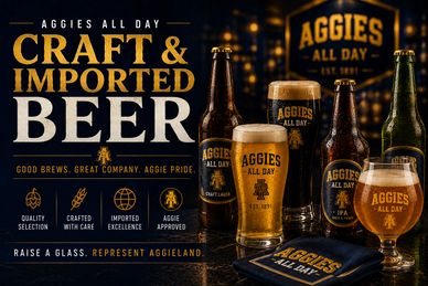 Aggies All Day craft and imported beer with glasses and bottles.