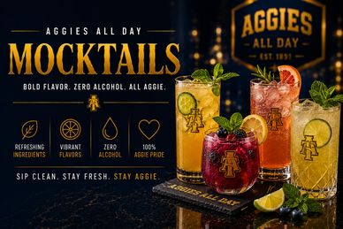Colorful mocktails showcasing bold flavors and zero alcohol from Aggies All Day.