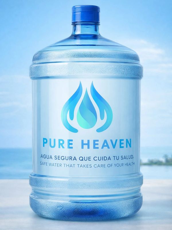 Large blue water jug labeled Pure Heaven with health-safe water claims.
