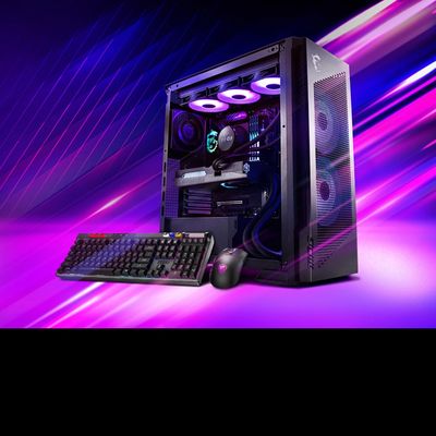 Gaming PC setup with RGB lighting and accessories.