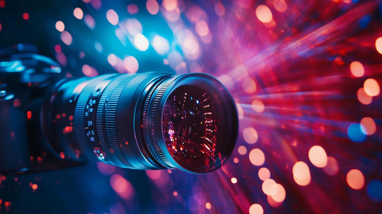 Close-up of a camera lens with vibrant light reflections and bokeh effects.