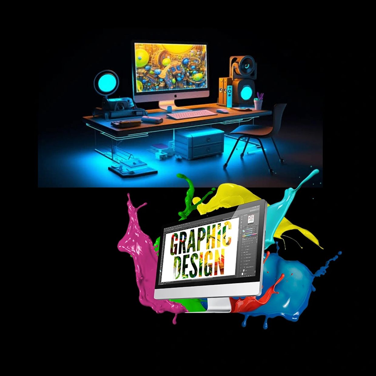 Modern graphic design workspace and colorful design concept on computer.