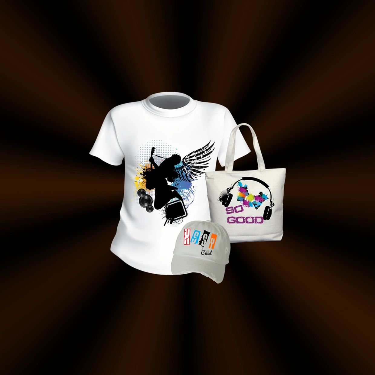 White apparel set with music-themed prints: T-shirt, tote bag, and cap.