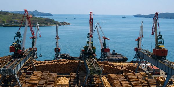 A busy port loading wooden logs onto ships by large cranes.