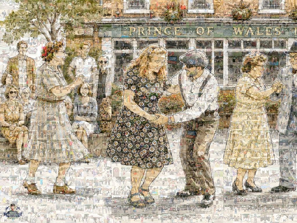 Vintage-style painting of people dancing outside Prince of Wales pub.