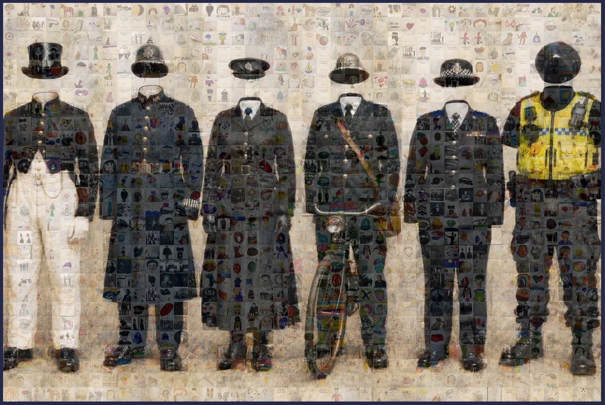 Mosaic of different police uniforms over time.