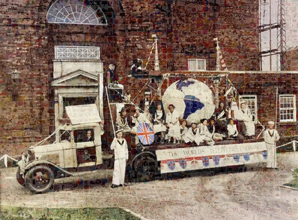 Vintage parade float with people dressed in costumes.