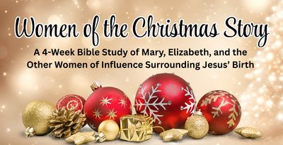 Women of the Christmas Story header with red and gold Christmas ornaments