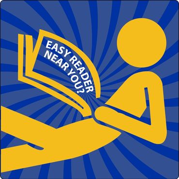 Yellow figure reading an easy reader book on a blue radial background. Are you interested in being a part of an Easy Reader near you? Click Here!