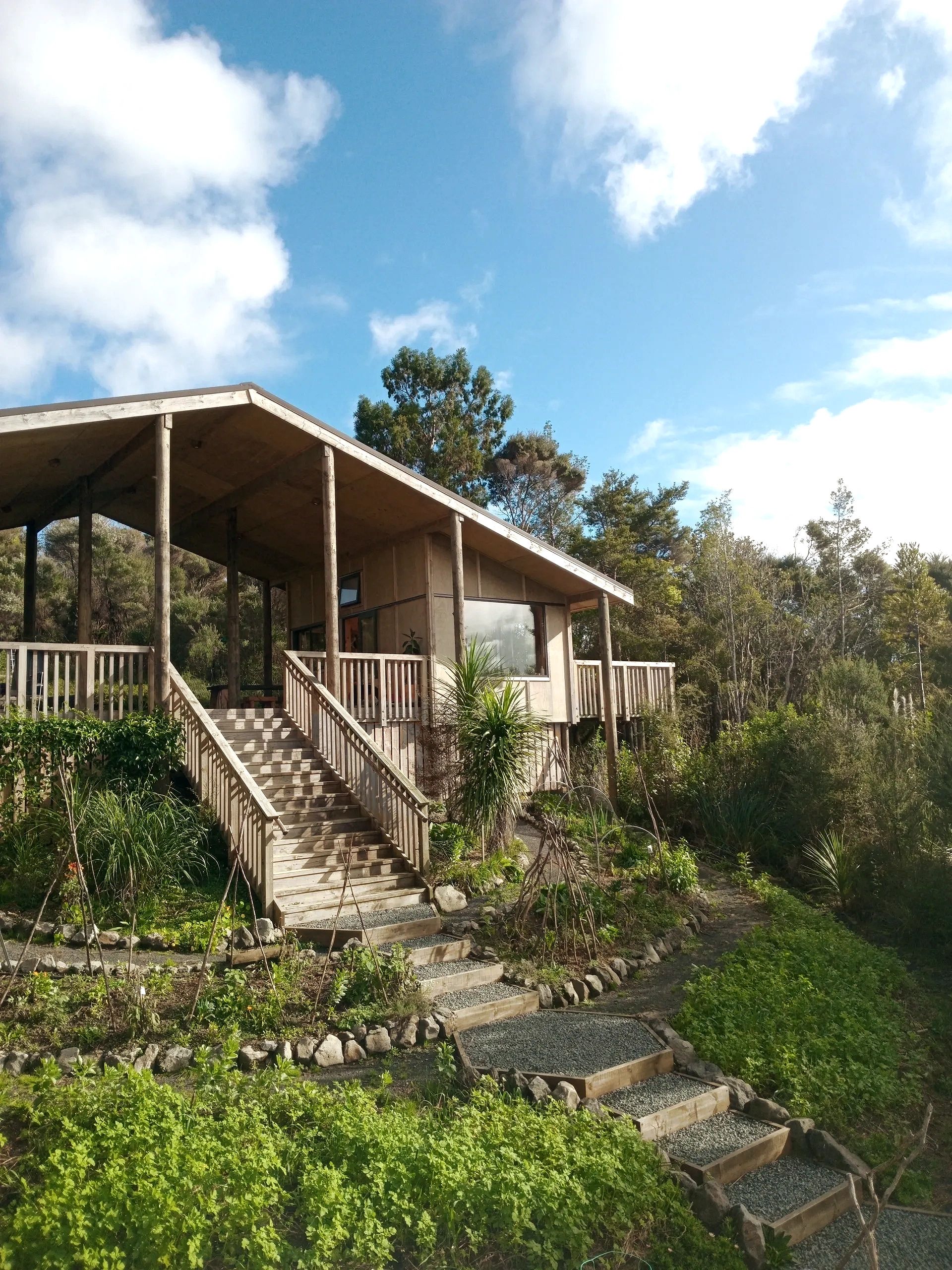 Wooden cabin surrounded by greenery under a clear blue sky.