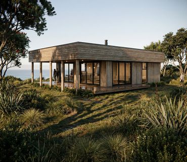 Modern wooden house with large glass windows in a lush green environment.